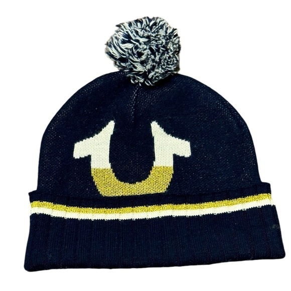 True Religion Blue Gold White Beanie Pom Pom Hat Size OS Unisex - Picture 1 of 3